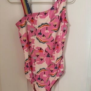 Hanna Andersson Pink Unicorn Swimsuit with rainbow one shoulder strap